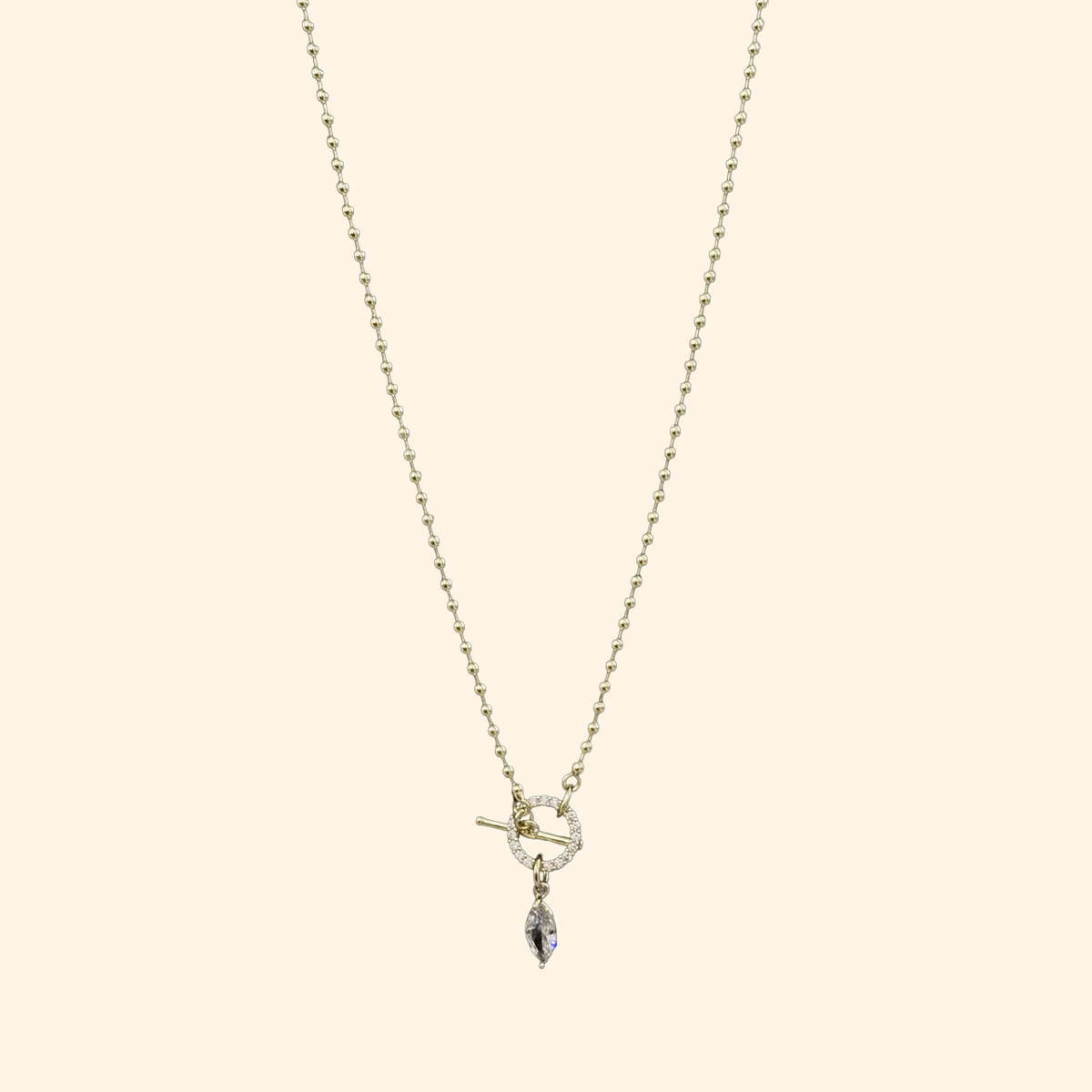 Faded - T-Bar Kilitli Damla Zirkon Taşlı Çelik Kolye (14K Altın Kaplama)