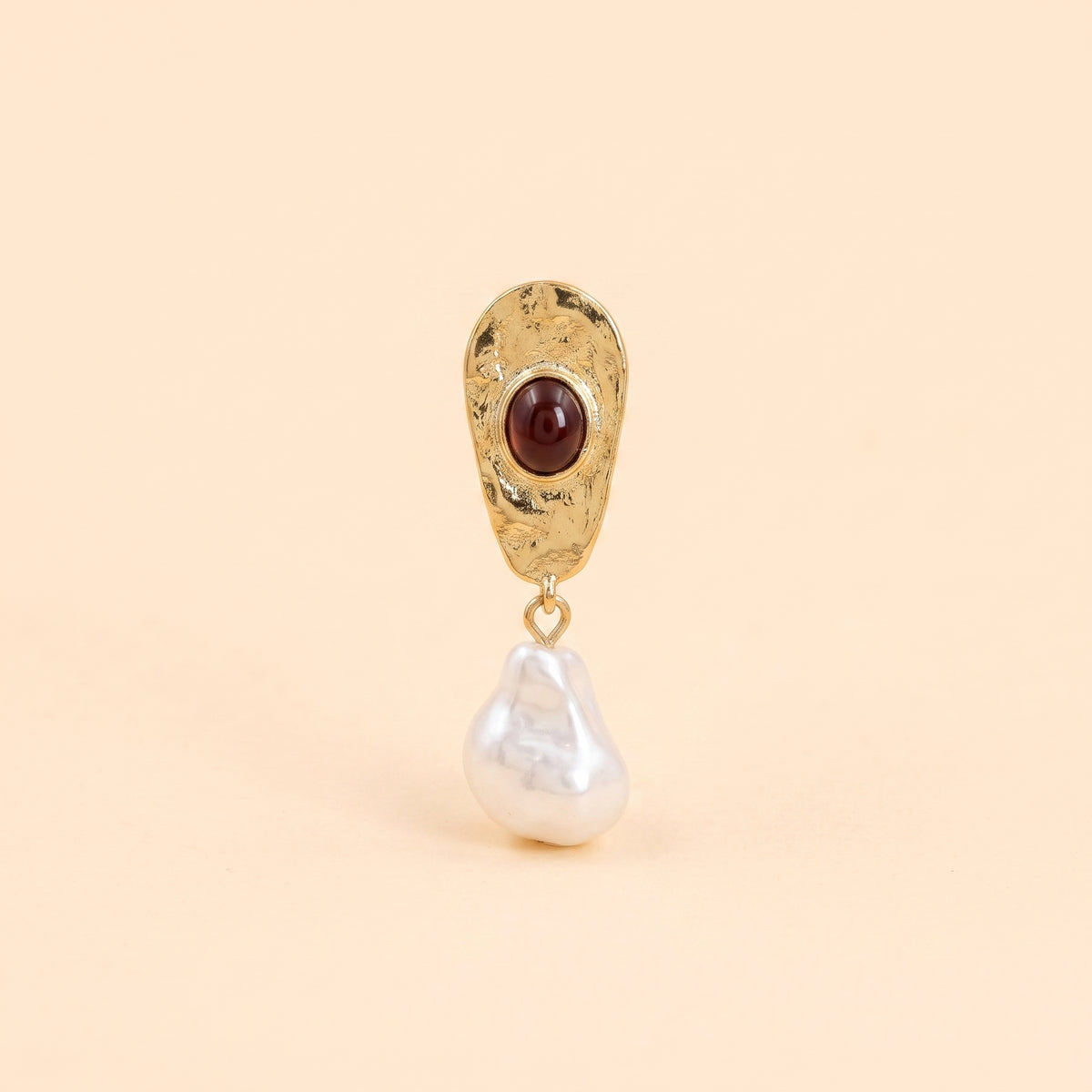 Nothing - Barok İnci & Bordo Taşlı Vintage Çelik Sallantılı Küpe (14K Altın Kaplama)
